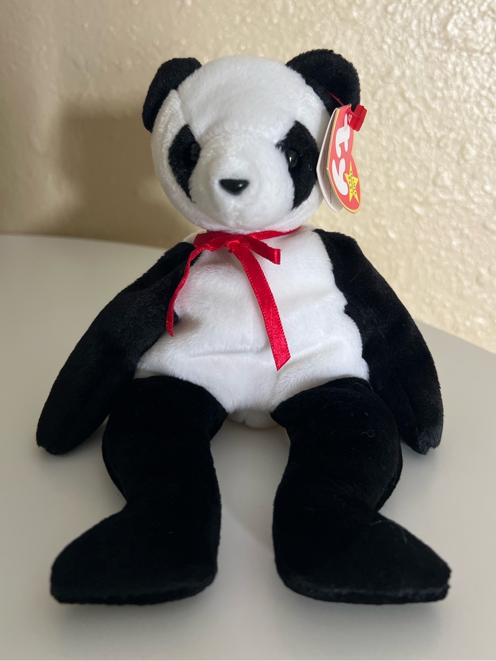 Ty 90s Rare “Fortune” Panda Bear - Black, White & Red Ribbon